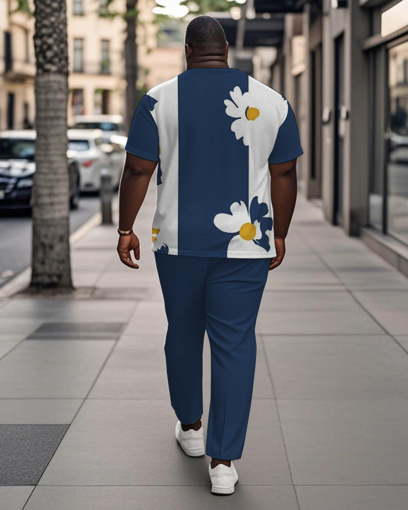 Big & Tall White Blue Colorblock T-Shirt Pants Set for big men view 4