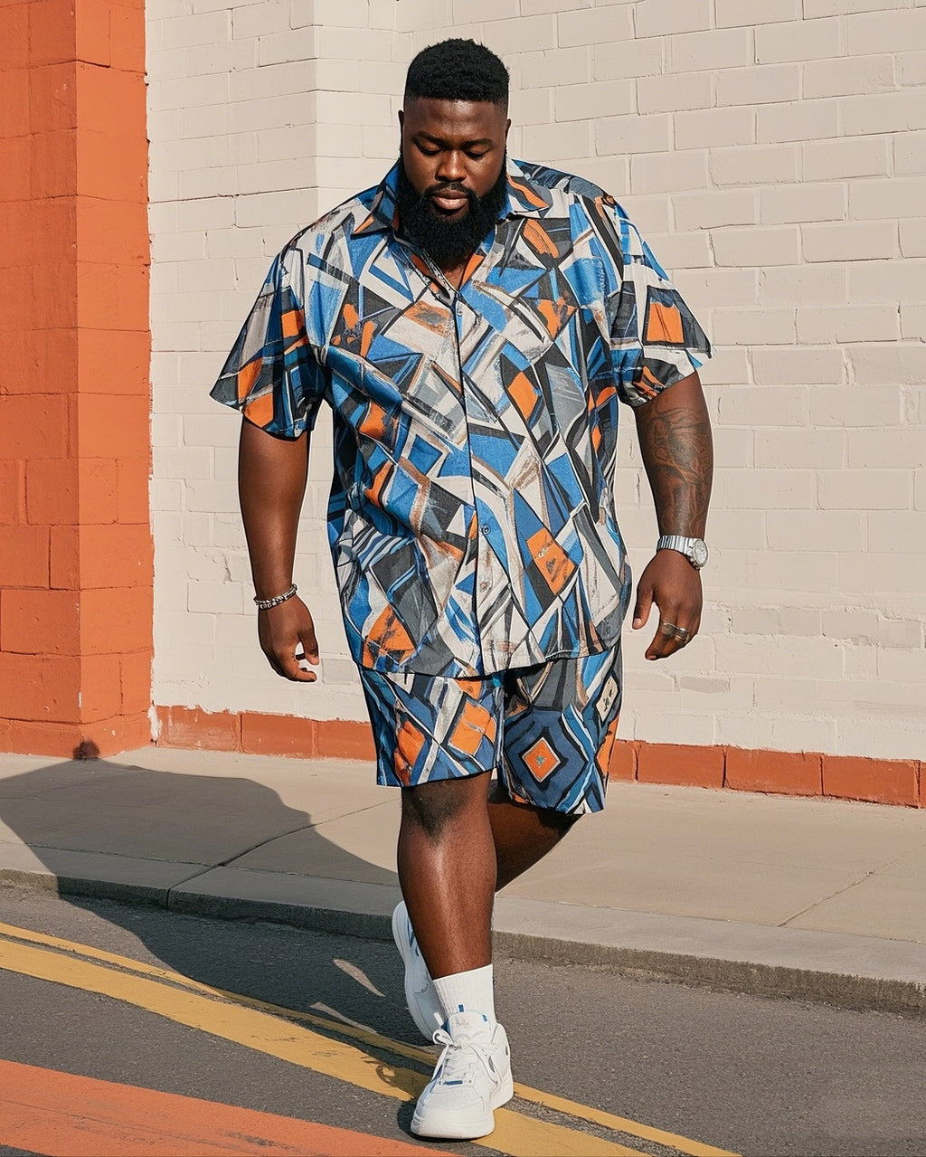 Big & Tall Geometric Graphic T-Shirt Shorts Set for big men view 1