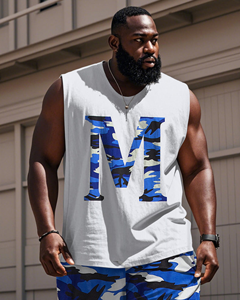 Big & Tall Blue Graphic Camouflage Vest Pants Set for big men view 2