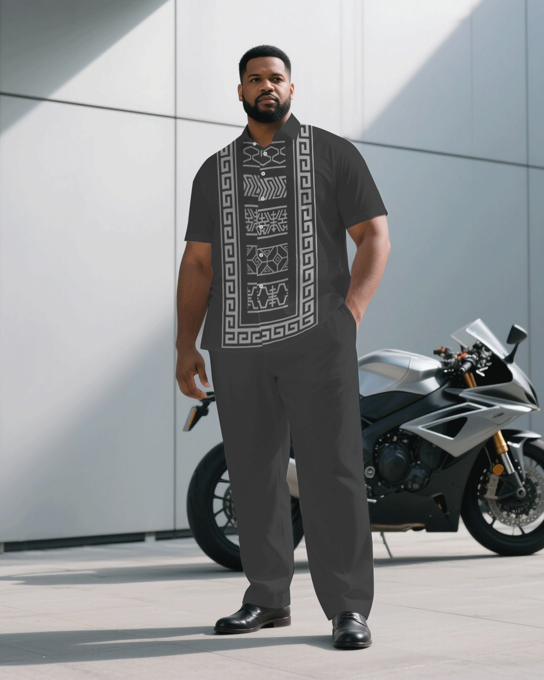Big & Tall Red Gray Business Casual T-Shirt Pants Set for big men view 2