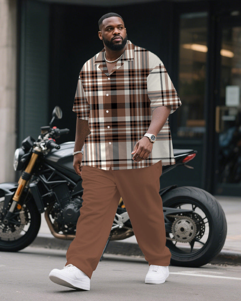 Big & Tall Brown Plaid Graphic T-Shirt Pants Set for big men view 1
