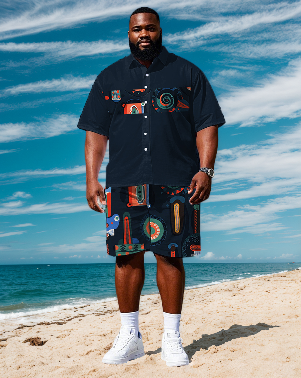 Big & Tall Colorblock Striped T-Shirt Shorts Set for big men view 1