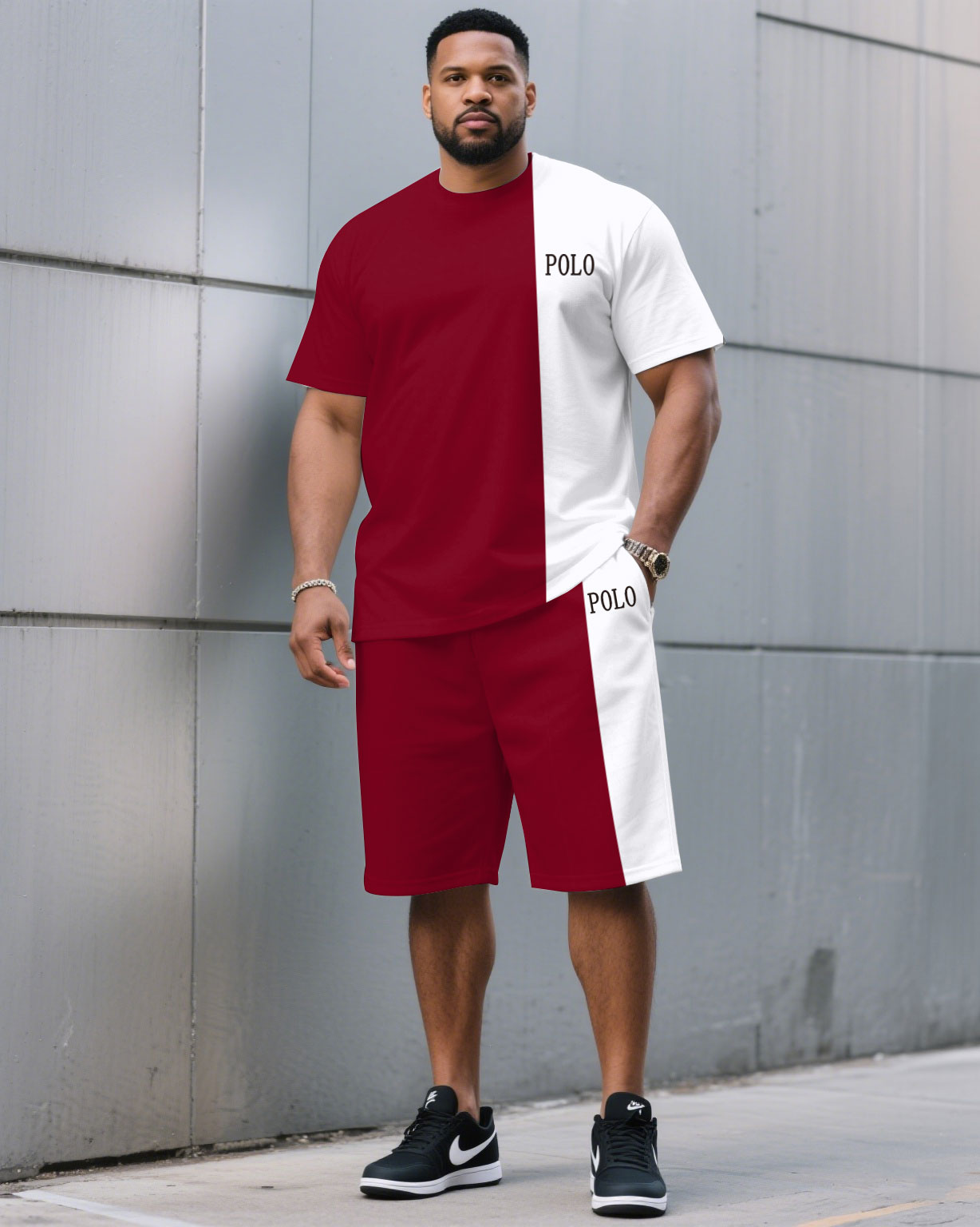 Big & Tall White Red Streetwear T-Shirt Pants Set for big men view 1