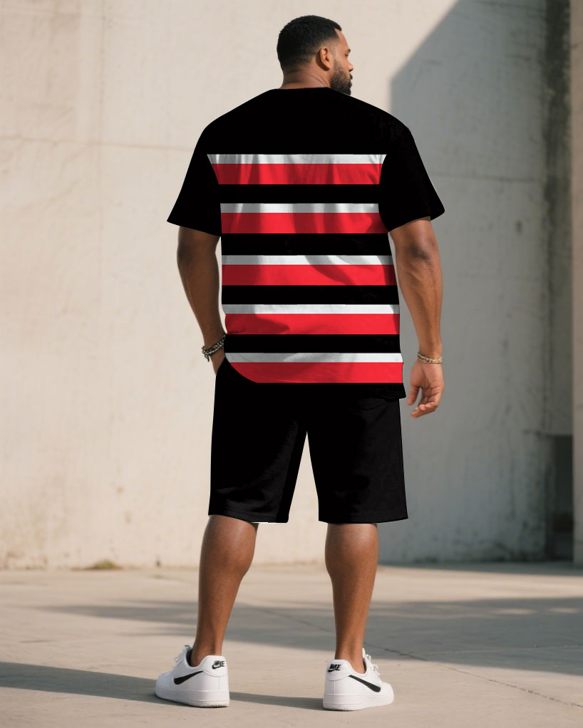 Big & Tall Black White Striped T-Shirt Shorts Set for big men view 4
