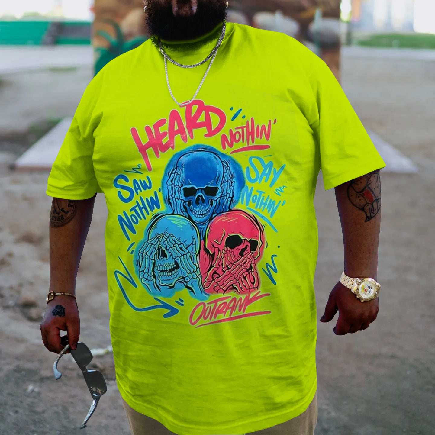 Big & Tall Green Streetwear Skull T-Shirt for big men view 3