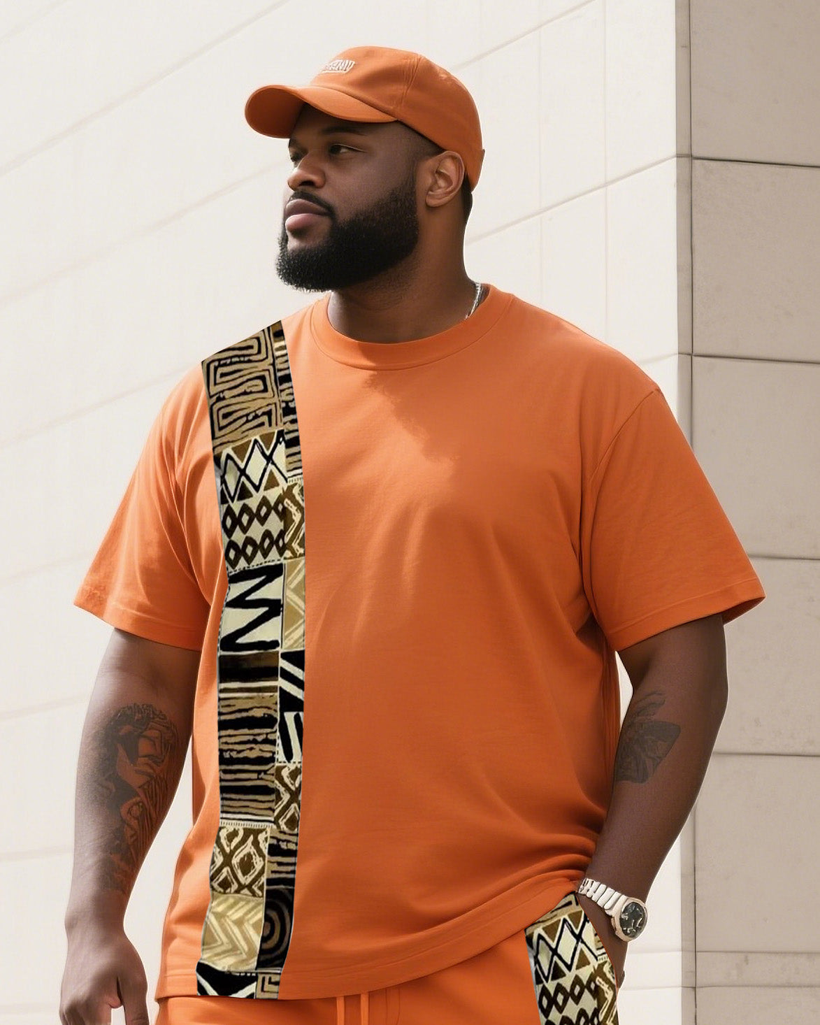Big & Tall Orange Striped Graphic T-Shirt Shorts Set for big men view 2
