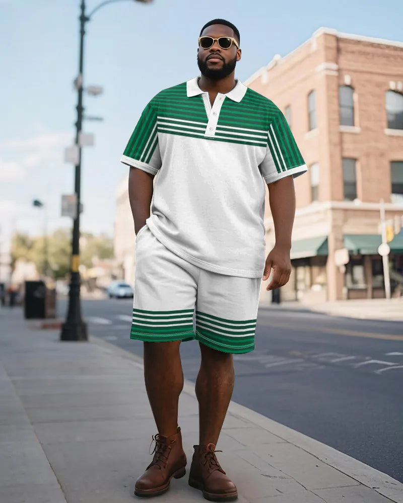 Big & Tall Green Gradient Striped Polo Shorts Set for big men view 1
