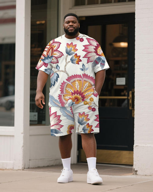 Big & Tall White Graphic Floral T-Shirt Shorts Set for big men view 1