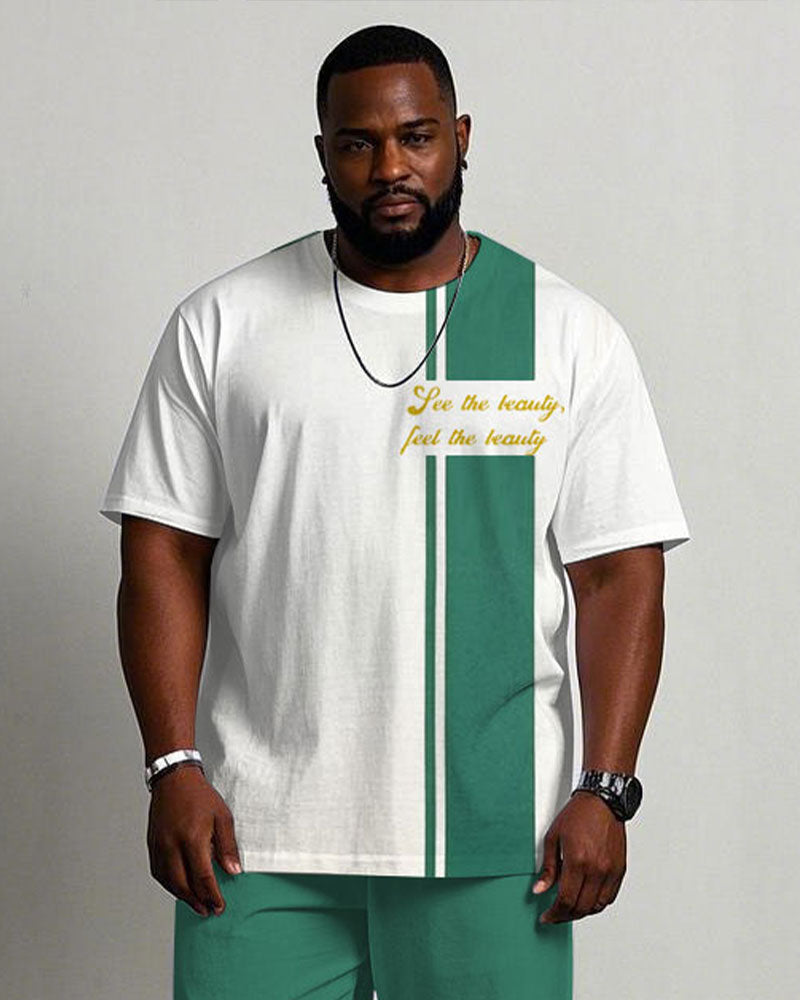 Big & Tall White Blue Colorblock T-Shirt Pants Set for big men view 2