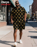 Big & Tall Black Yellow Colorblock Polo Shorts Set for big men view 2