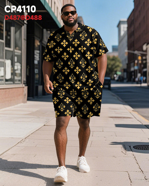 Big & Tall Black Yellow Colorblock Polo Shorts Set for big men view 2