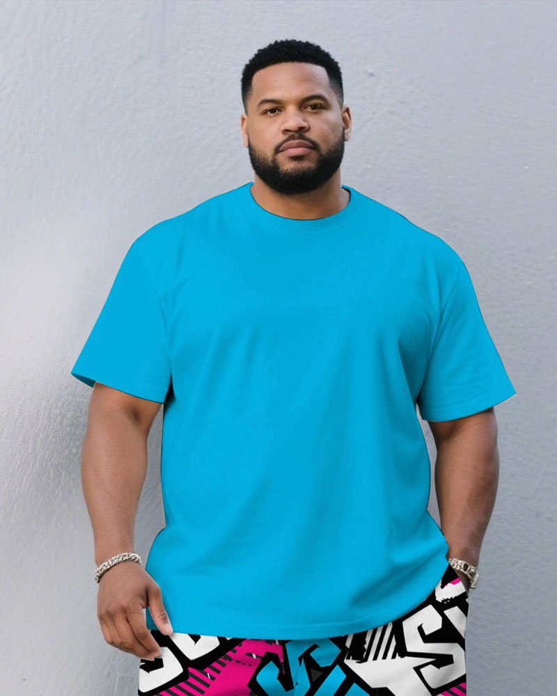 Big & Tall Blue Solid Color T-Shirt Pants Set for big men view 2