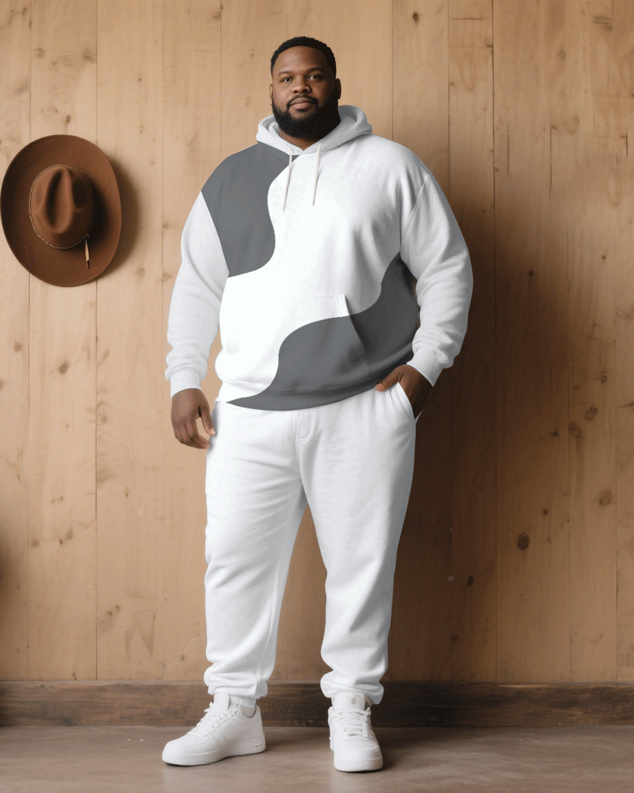 Big & Tall White Gray Patchwork Hoodie Sweatpants Set for big men view 1