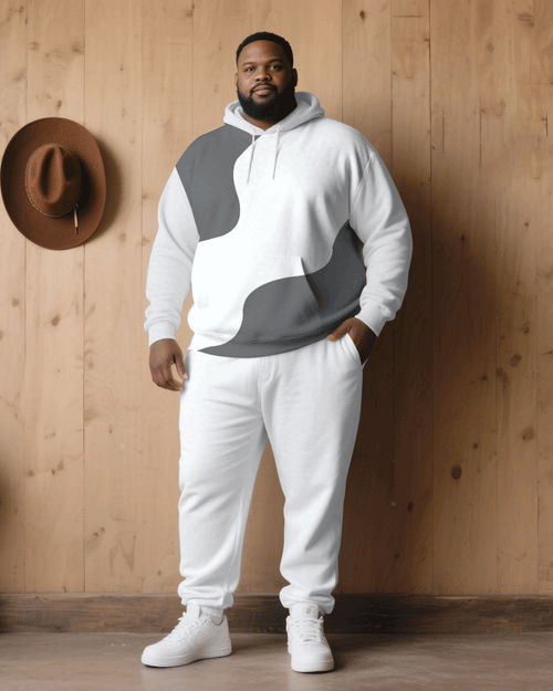 Big & Tall White Gray Patchwork Hoodie Sweatpants Set for big men view 1