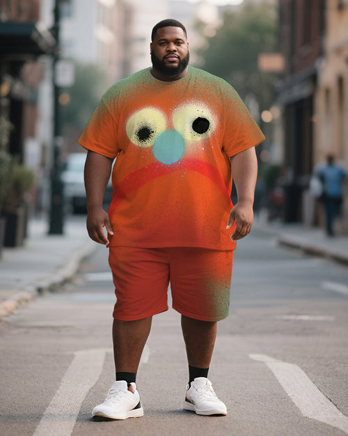 Big & Tall Orange Graphic Graffiti T-Shirt Shorts Set for big men view 1