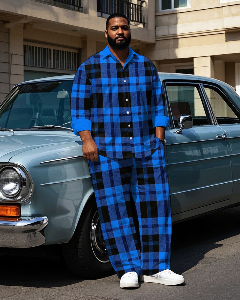 Big & Tall Black Blue Plaid T-Shirt Pants Set for big men view 1