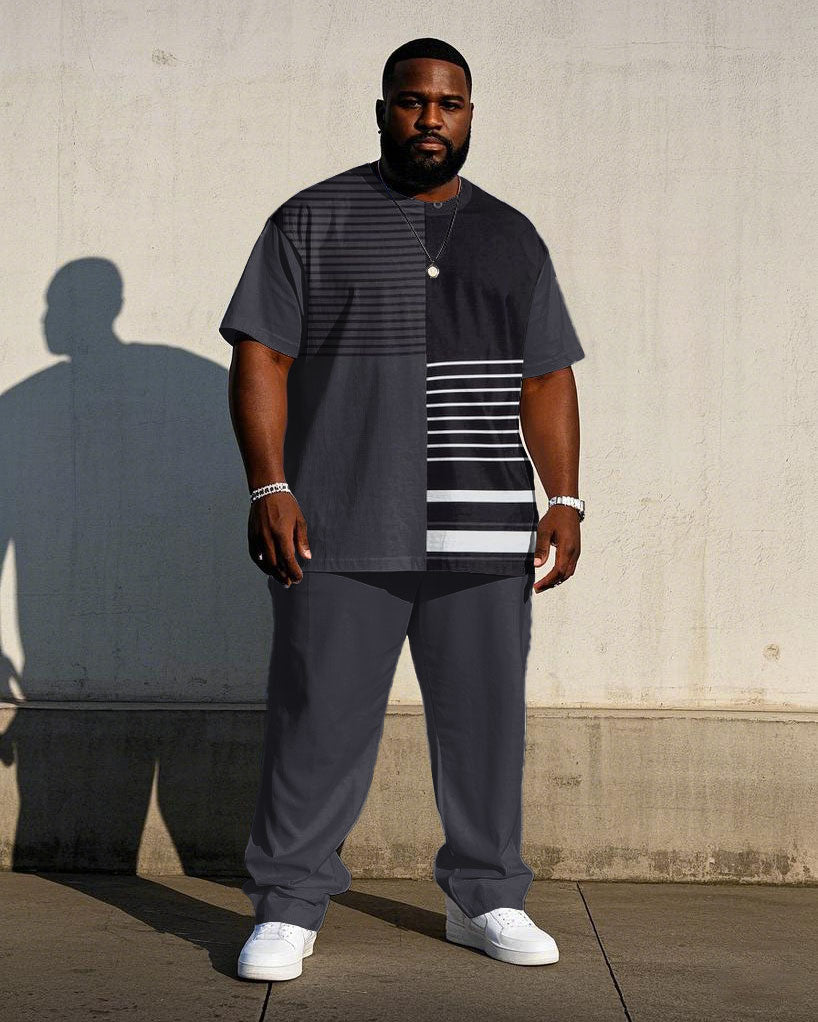 Big & Tall Black Gray Striped T-Shirt Pants Set for big men view 1