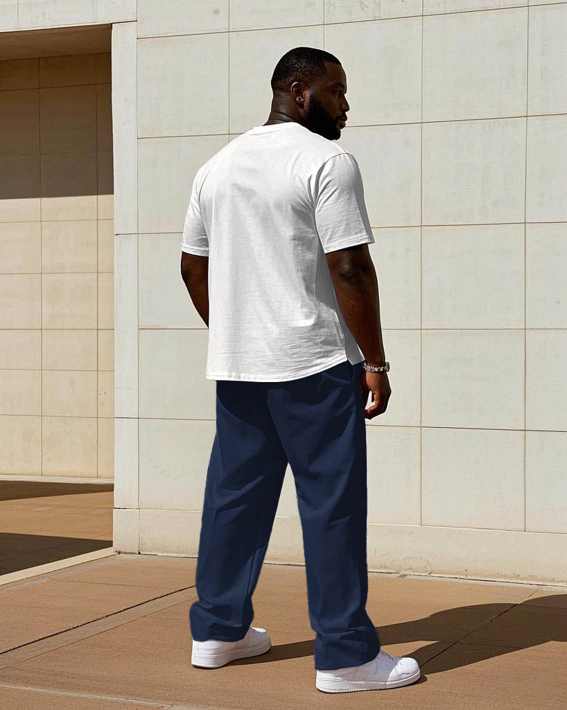 Big & Tall White Blue Colorblock T-Shirt Pants Set for big men view 4