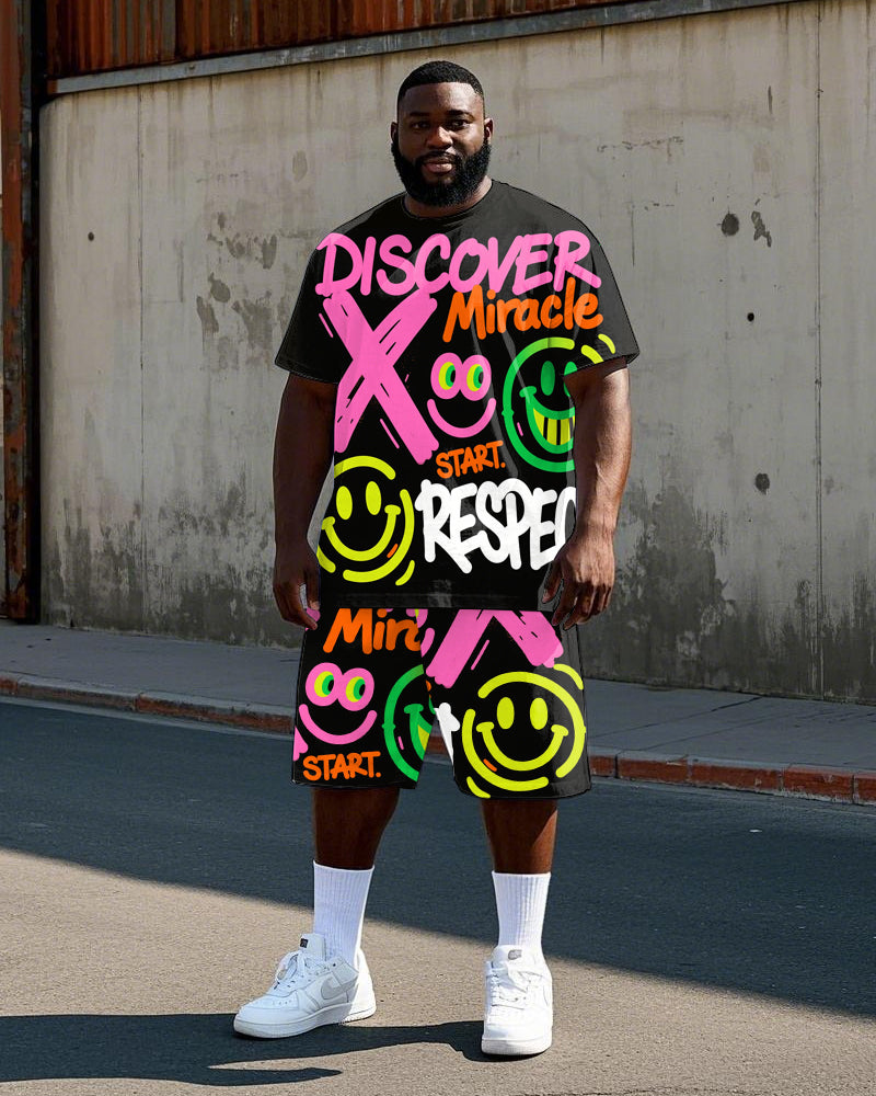 Big & Tall Graphic Graffiti Smiley T-Shirt Shorts Set for big men view 1