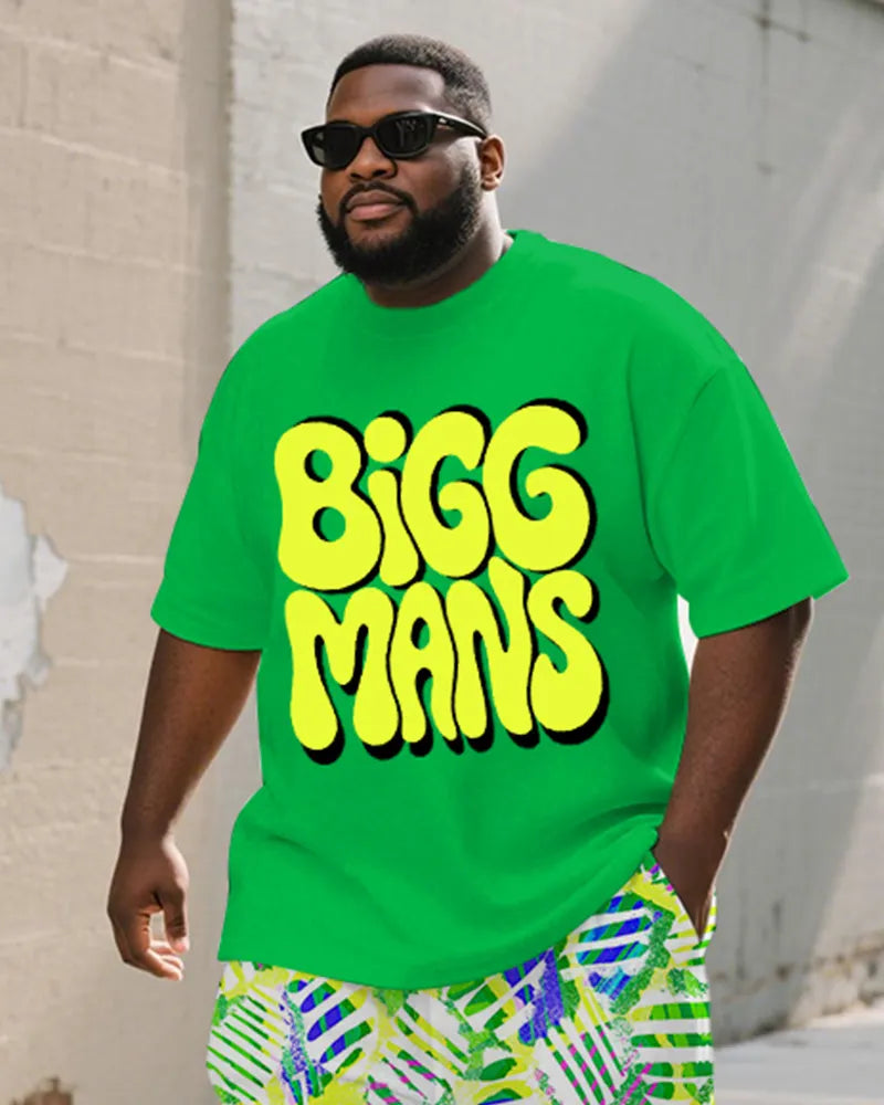 Big & Tall Green Graphic Graffiti T-Shirt Shorts Set for big men view 2