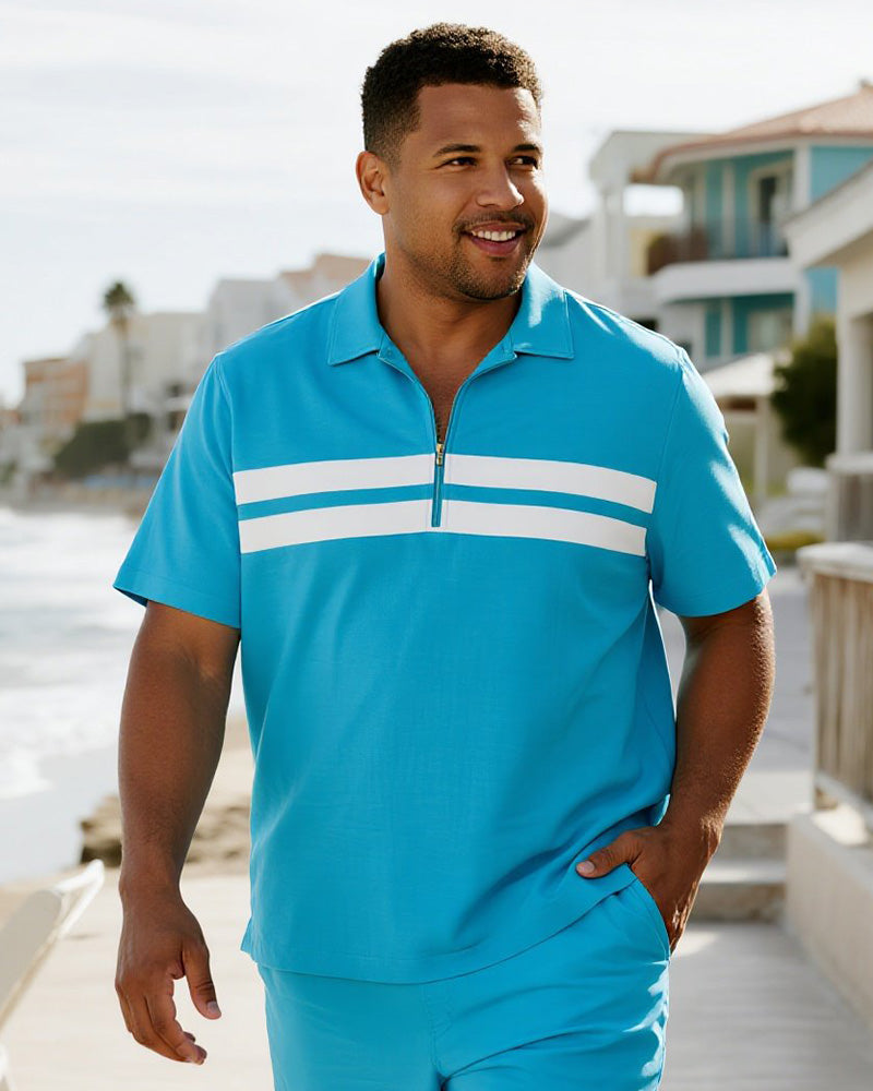 Big & Tall Blue Striped Graphic Polo Shorts Set for big men view 2