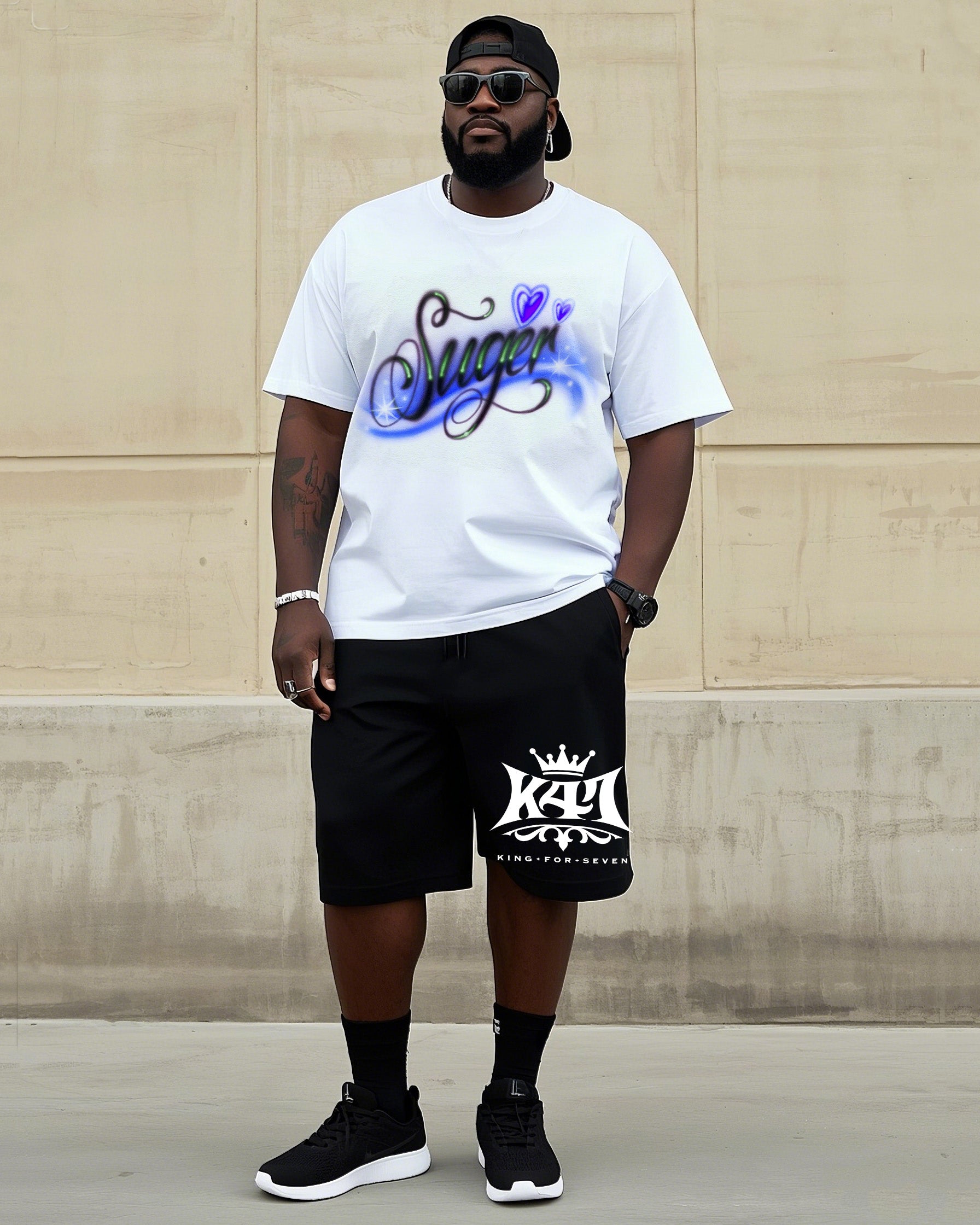 Big & Tall Graffiti Streetwear T-Shirt Shorts Set for big men view 2