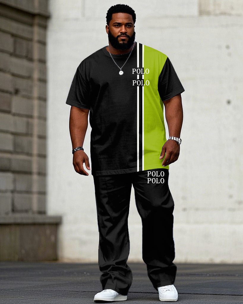 Big & Tall Black Green Streetwear T-Shirt Pants Set for big men view 1