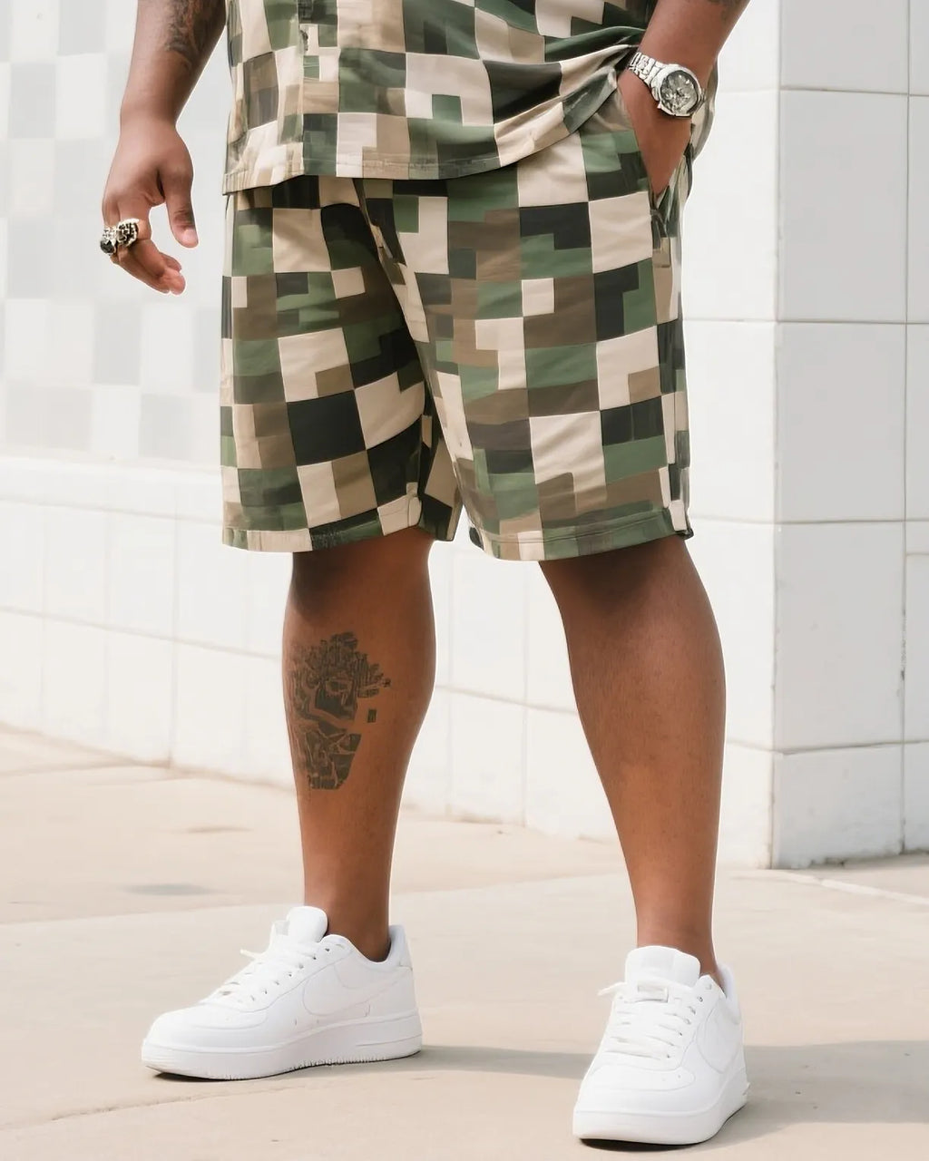 Big & Tall Plaid Camouflage T-Shirt Shorts Set for big men view 3