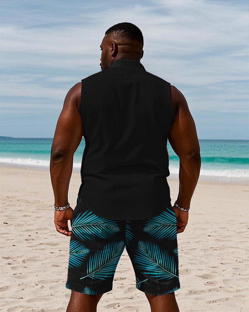 Big & Tall Black Hawaiian T-Shirt Shorts Set for big men view 4