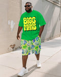 Big & Tall Green Graphic Graffiti T-Shirt Shorts Set for big men view 1