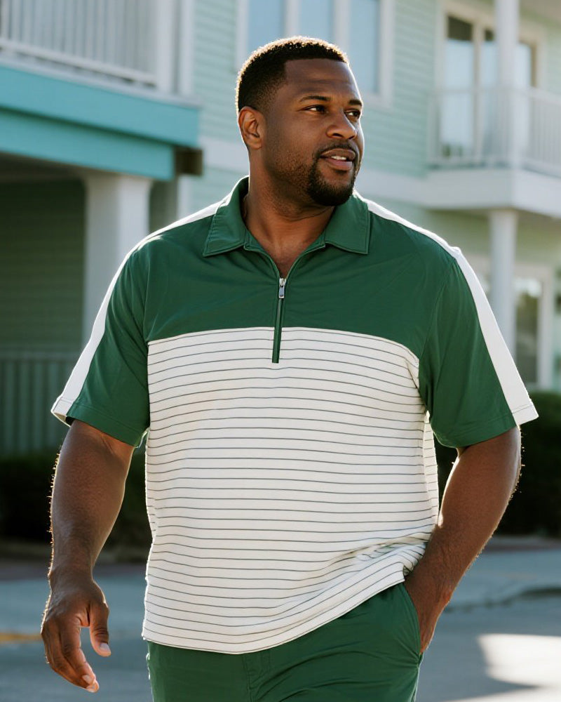 Big & Tall Green Striped Patchwork Polo Shorts Set for big men view 2