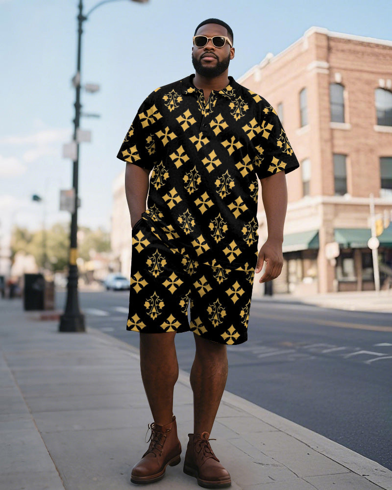 Big & Tall Black Yellow Colorblock Polo Shorts Set for big men view 1