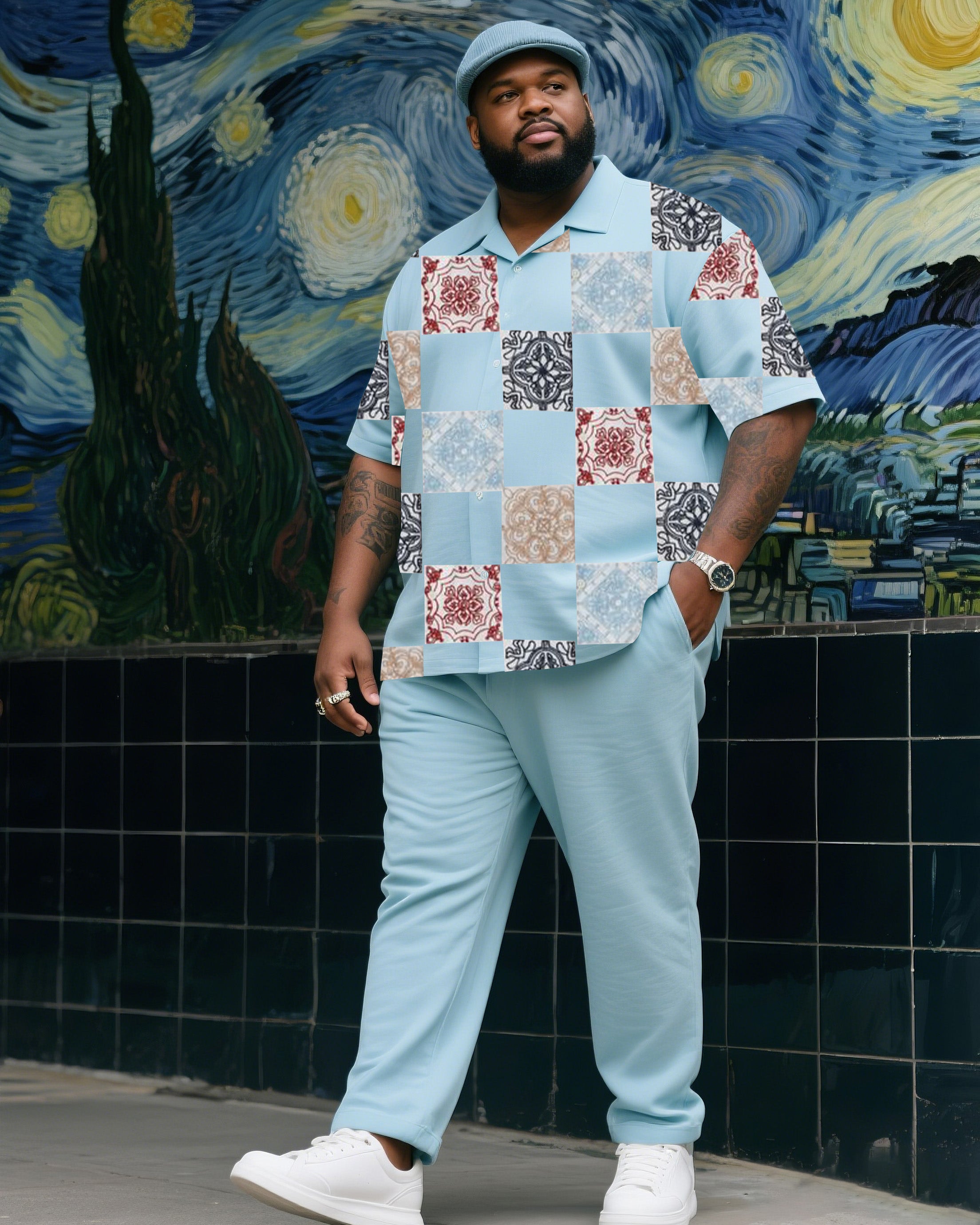 Big & Tall Blue Vintage T-Shirt Pants Set for big men view 1