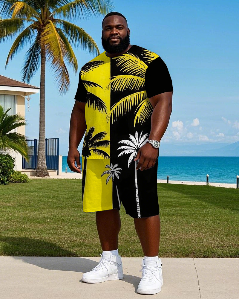 Big & Tall Hawaiian Colorblock T-Shirt Shorts Set for big men view 1