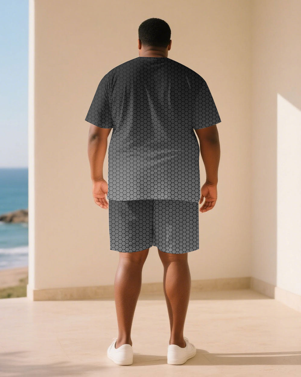Big & Tall Black Gray Gradient T-Shirt Shorts Set for big men view 4