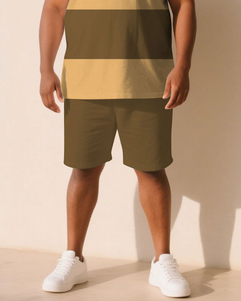 Big & Tall Khaki Striped T-Shirt Shorts Set for big men view 3