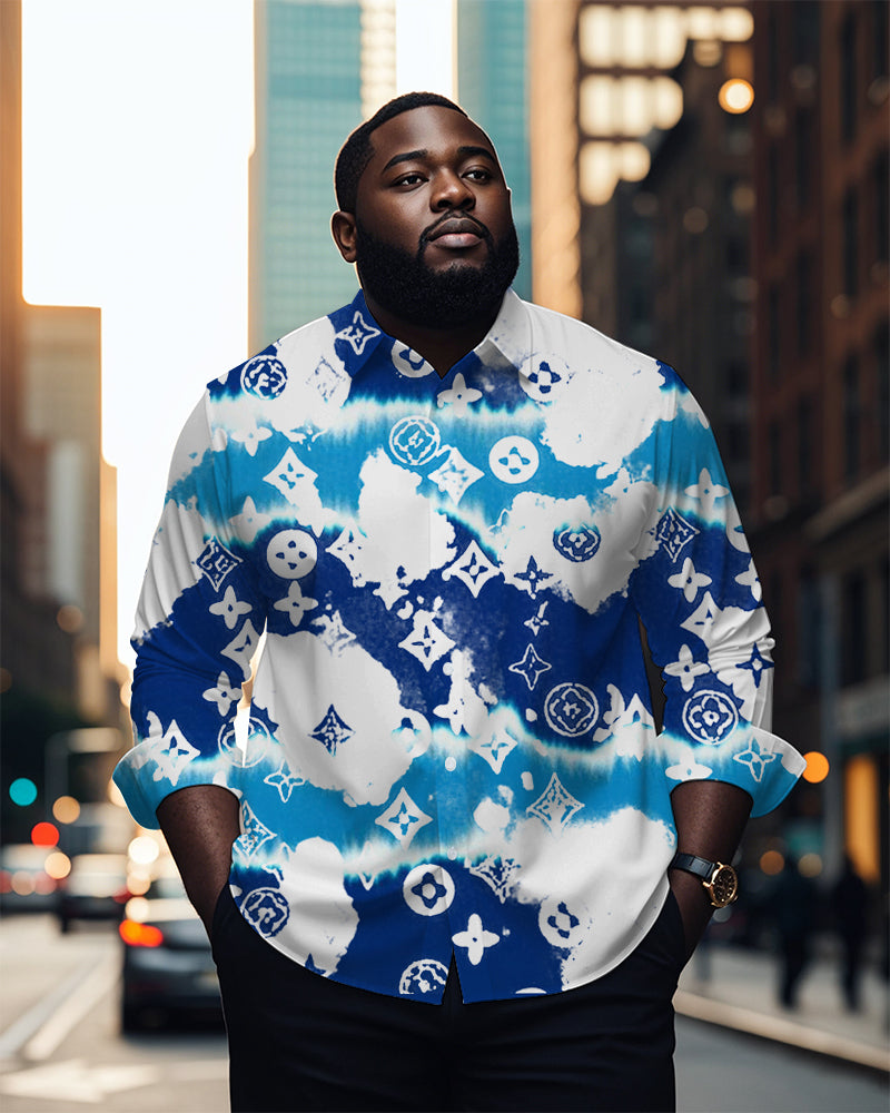 Big & Tall Blue Geometric Striped Long Sleeve Shirt for big men view 1