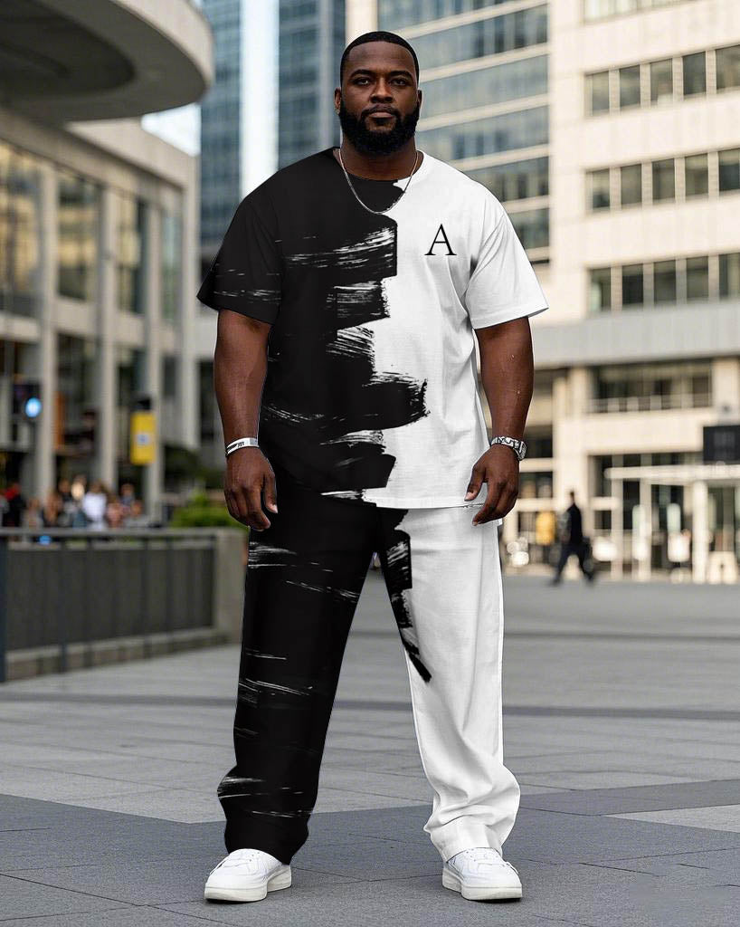 Big & Tall Black White Graphic T-Shirt Pants Set for big men view 1