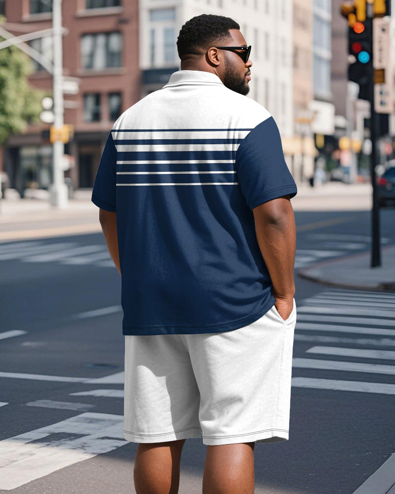 Big & Tall Blue Striped Graphic Polo Shorts Set for big men view 5