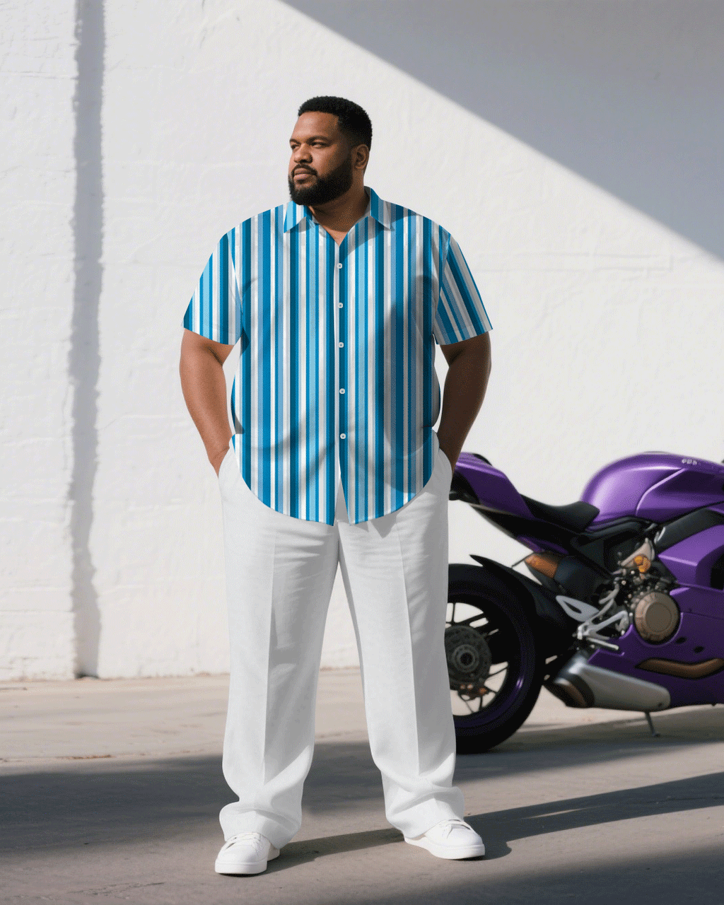 Big & Tall Blue Striped T-Shirt Pants Set for big men view 1