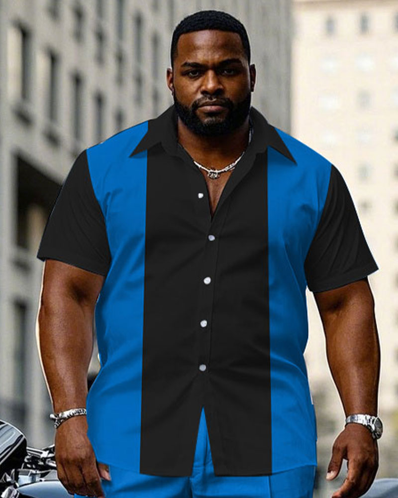 Big & Tall Black Blue Colorblock T-Shirt Pants Set for big men view 2
