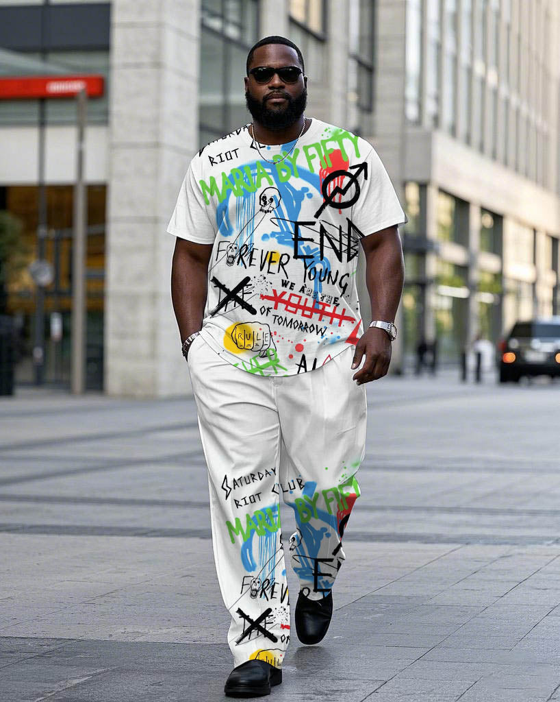 Big & Tall White Graphic Graffiti T-Shirt Pants Set for big men view 1