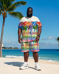 Big & Tall Hawaiian Plaid Graphic T-Shirt Shorts Set for big men view 1