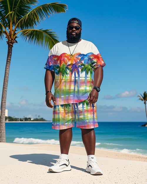 Big & Tall Hawaiian Plaid Graphic T-Shirt Shorts Set for big men view 1