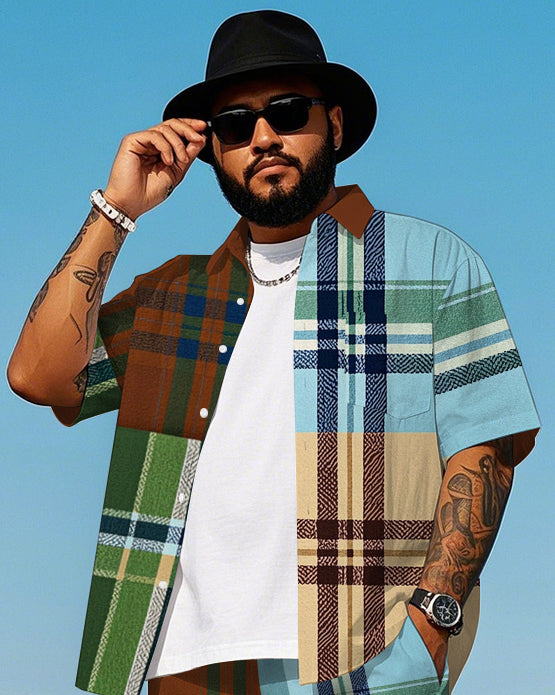 Big & Tall Colorblock Plaid T-Shirt Shorts Set for big men view 2