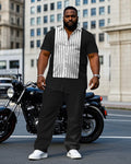 Big & Tall Black Striped T-Shirt Pants Set for big men view 1