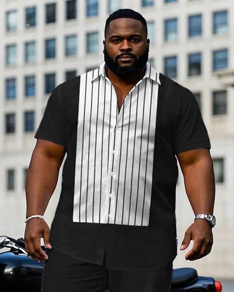 Big & Tall Black Striped T-Shirt Pants Set for big men view 2