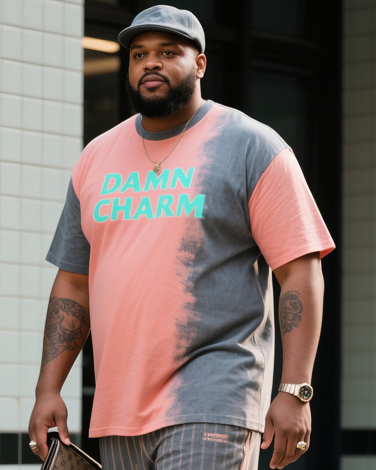 Big & Tall Gradient Graphic Streetwear Two-piece Set for big men view 2
