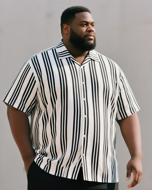Big & Tall Black White Striped T-Shirt Shorts Set for big men view 2
