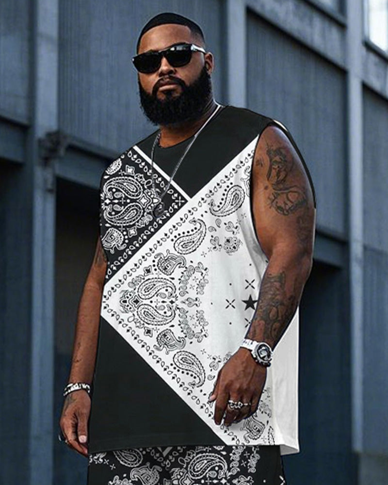 Big & Tall Black White Colorblock Vest Pants Set for big men view 2